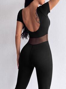 Dewbera Dewbera Women's Minimalist Sporty Sexy Mesh Patchwork Sports Jumpsuit Gym Workout Black Summer - Black - View 2