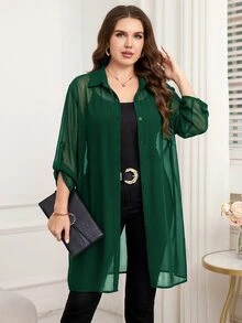 Reflora Plus Size Women's Solid Color Casual Versatile Daily Wear Shirt - Green - View 3