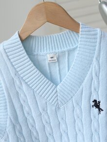 SHEIN (Tween Girl) 淡杏色 V 領刺繡針織背心毛衣，柔軟舒適 - 淺藍色 - 查看 6