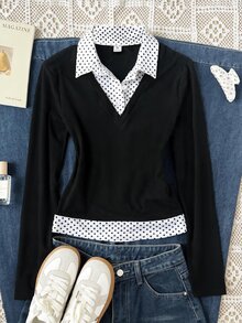 SHEIN 青少年女孩長袖 Polo 領休閒街頭風大學風上衣，黑白對比色，春夏秋冬新款返校穿搭 T-shirt - 黑與白 - 查看 7