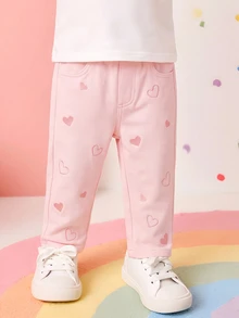 SHEIN Vintaside Kids 女嬰牛仔褲，可愛俏皮風格，四季新品，復古粉色牛仔布，彈性腰頭設計，粉色愛心刺繡搭配雪洗效果，錐形褲管版型，時尚百搭，適合度假、外出及其他場合，四季新品女嬰牛仔褲 - 粉色 - 查看 6