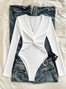 SHEIN Women's New Autumn One-Piece Bodysuit, Brushed Ribbed Knit Fabric, Deep V-Neck, Twisted Chest Design, Cinched Waist, Sexy, Versatile For Daily Wear And Commuting - White - View 1