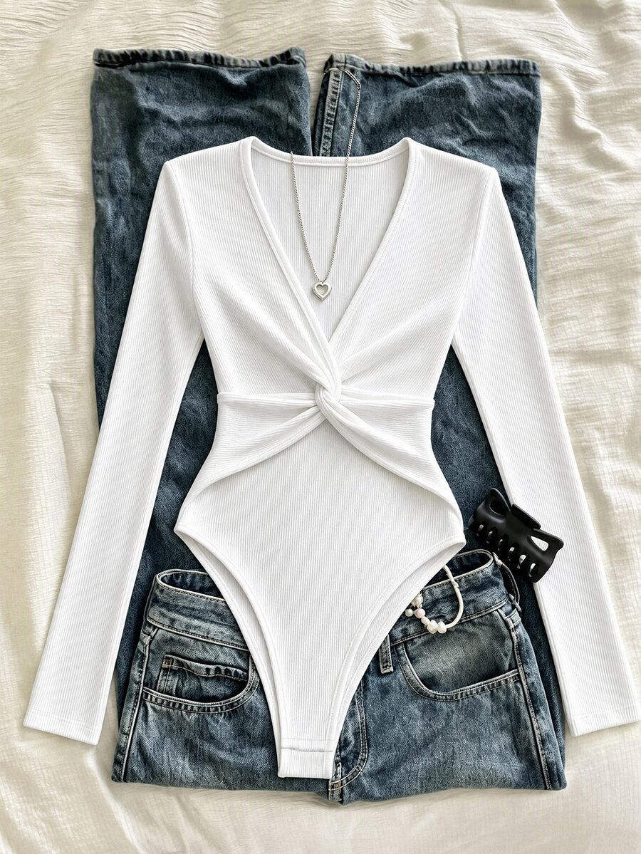 SHEIN Women's New Autumn One-Piece Bodysuit, Brushed Ribbed Knit Fabric, Deep V-Neck, Twisted Chest Design, Cinched Waist, Sexy, Versatile For Daily Wear And Commuting - White - View 1