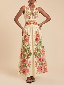 Travachic Printed V-Neck Women's Long Dress - Apricot - View 7