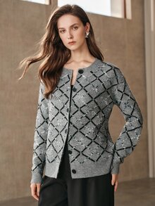 Anewsta Women's Winter Loose Comfortable Grey Knit Cardigan With Diamond Pattern For Outdoor Wear - Grey - View 4