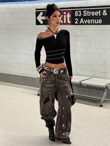 StreetHx 街頭風女款鉚釘裝飾長袖不對稱露肩T恤 - 黑色 - 查看 6