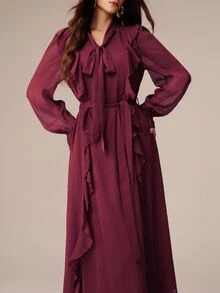 BELROSIE Fall Burgundy Solid Color Chiffon V-Neck Dress With Tie Scarf, Bowknot Strap Decor, French Romantic Style, Ruffle Trim, Elegant Party Dinner Women - Red Violet - View 3