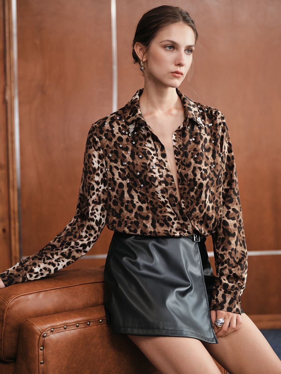 Anewsta Autumn/Winter New Fashion Leopard Print Minimalist Versatile Collared Long Sleeve Shirt - Mocha Brown - View 1