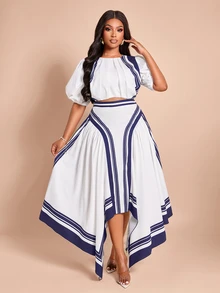 Brilight Outfit Petal Sleeve Crop Top High Waist Asymmetrical Maxi Skirt Set For Vacation Brunch Date Streetwe - Navy Blue - View 3