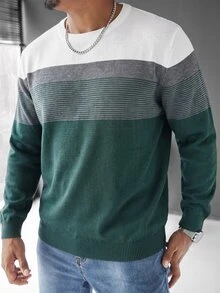 Manfinity Homme 男士條紋圓領長袖休閒百搭毛衣 - 墨綠色 - 查看 4