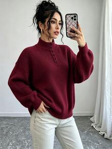 Trelyra Women's Solid Color Casual Daily Long Sleeve Sweater - Burgundy - View 7