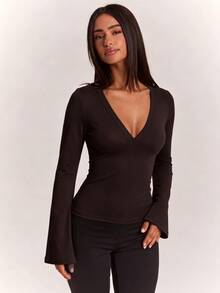SHEIN BAE Women's Casual Versatile Long Sleeve Ruched Top For Daily Wear - Coffee Brown - View 5