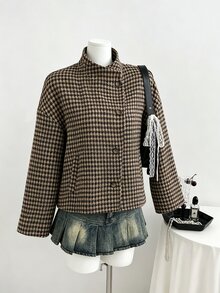 Sweetra Autumn/Winter New Loose Fit Jacket, Semi-High Neck Long Sleeve Outerwear, Fashionable Versatile, Suitable For Daily Wear - Mocha Brown - View 1