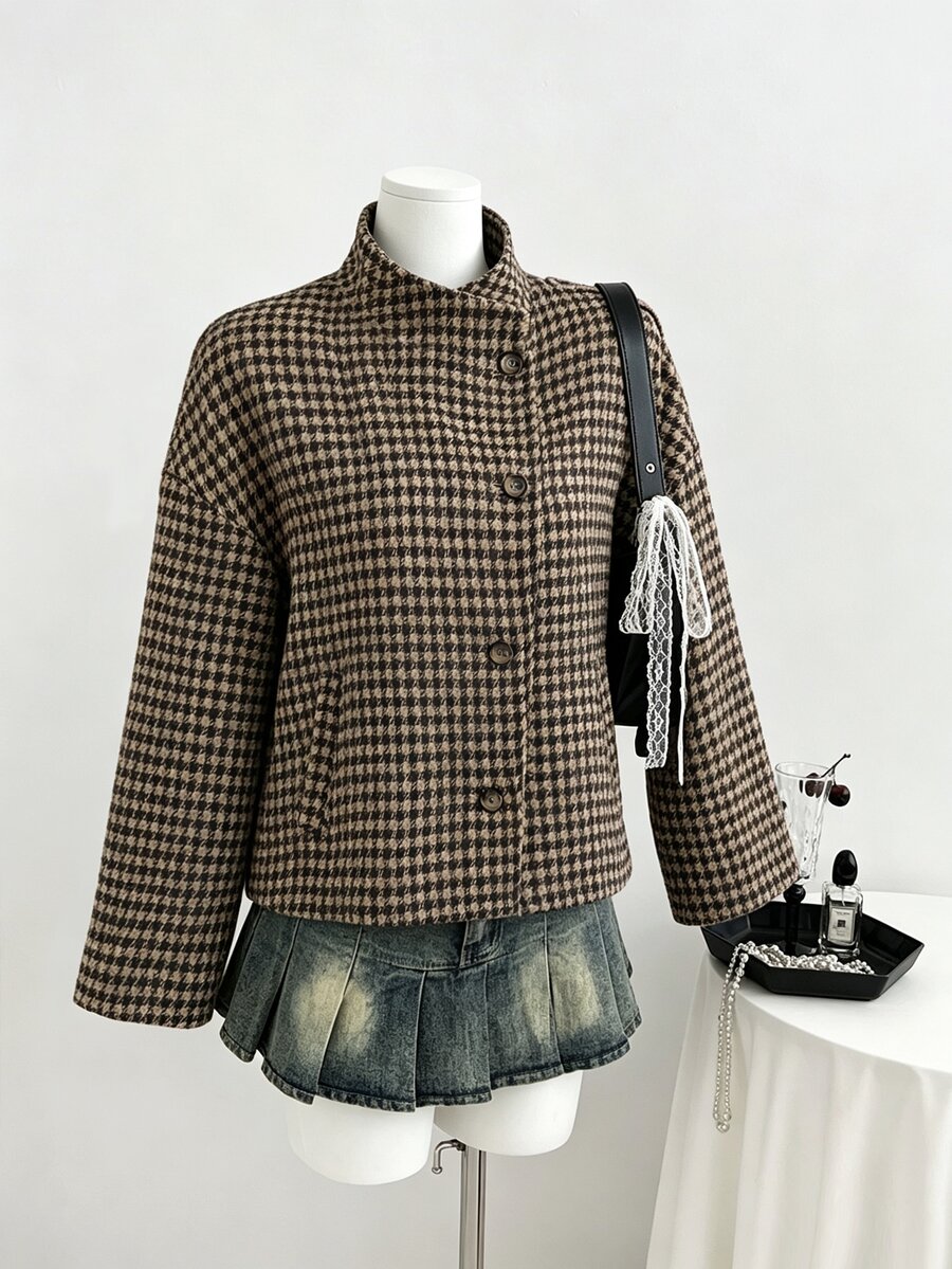 Sweetra Autumn/Winter New Loose Fit Jacket, Semi-High Neck Long Sleeve Outerwear, Fashionable Versatile, Suitable For Daily Wear - Mocha Brown - View 1