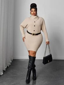 Maweii Plus Size Women's Knit Dress With Collar And Buttons, Fashion Slimming Dress - Khaki - View 5