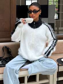 Muchica Minimalist Fashion Fuzzy Striped Knit Cardigan - Black and White - View 4