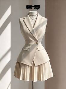 SHEIN Women's Sleeveless Blazer Jacket With Notched Lapel, Button Front, Metal Buttons, Cinched Waist, A-Line Hem, Decorative Pockets, Twill Textured Fabric - Apricot - View 1