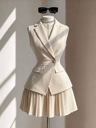 SHEIN Women's Sleeveless Blazer Jacket With Notched Lapel, Button Front, Metal Buttons, Cinched Waist, A-Line Hem, Decorative Pockets, Twill Textured Fabric