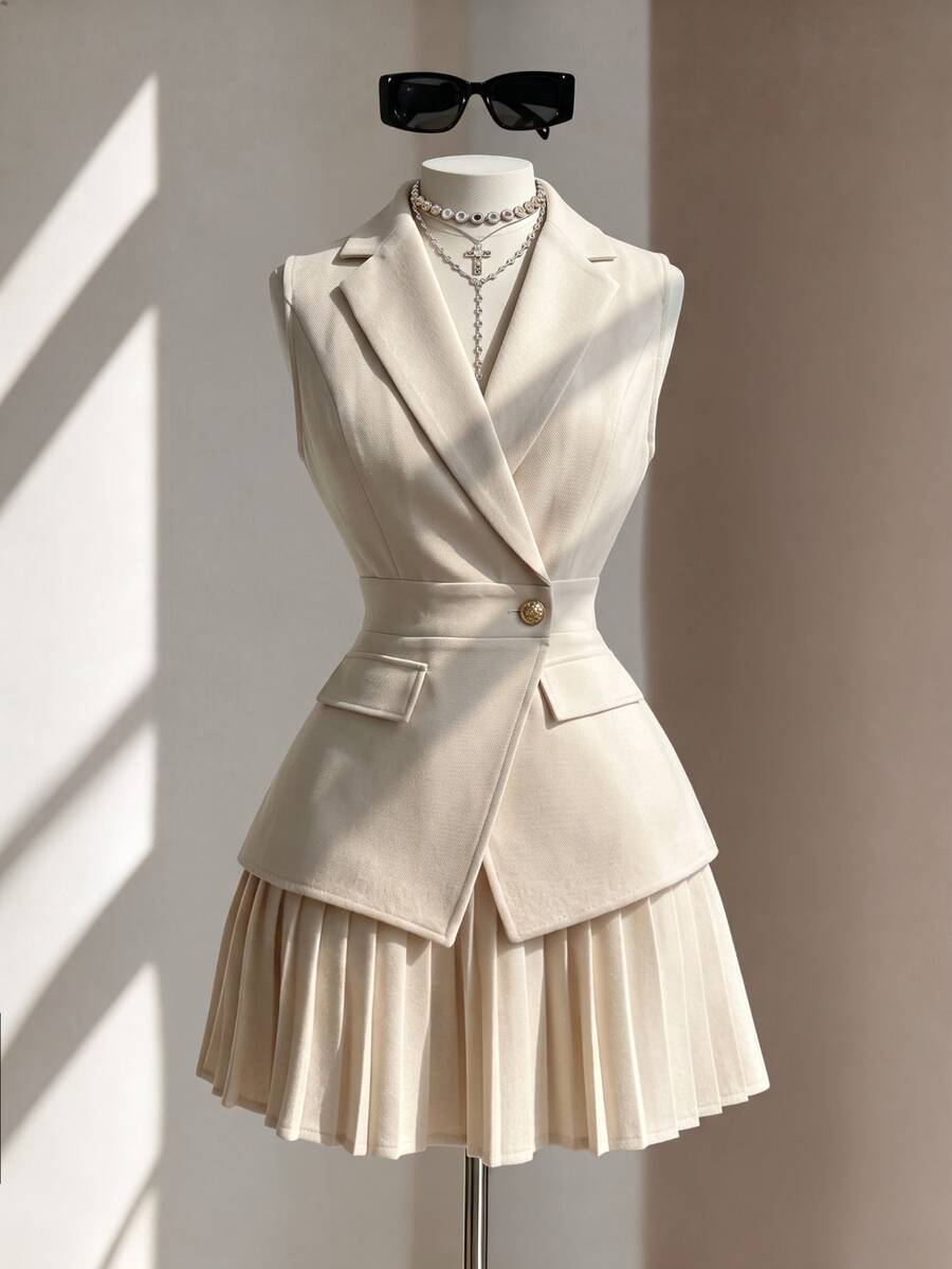 SHEIN Women's Sleeveless Blazer Jacket With Notched Lapel, Button Front, Metal Buttons, Cinched Waist, A-Line Hem, Decorative Pockets, Twill Textured Fabric - Apricot - View 1