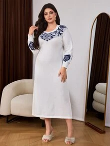 Lacomfia Plus Size Women's Geometric Pattern Long Sleeve Polar Fleece Knit Dress - Blue and White - View 3