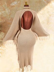 Amplova Women's Vintage Elegant Fashion Fringe Hem Split Sweater Dress Dinner Cocktail Party Tan Autumn - Apricot - View 1