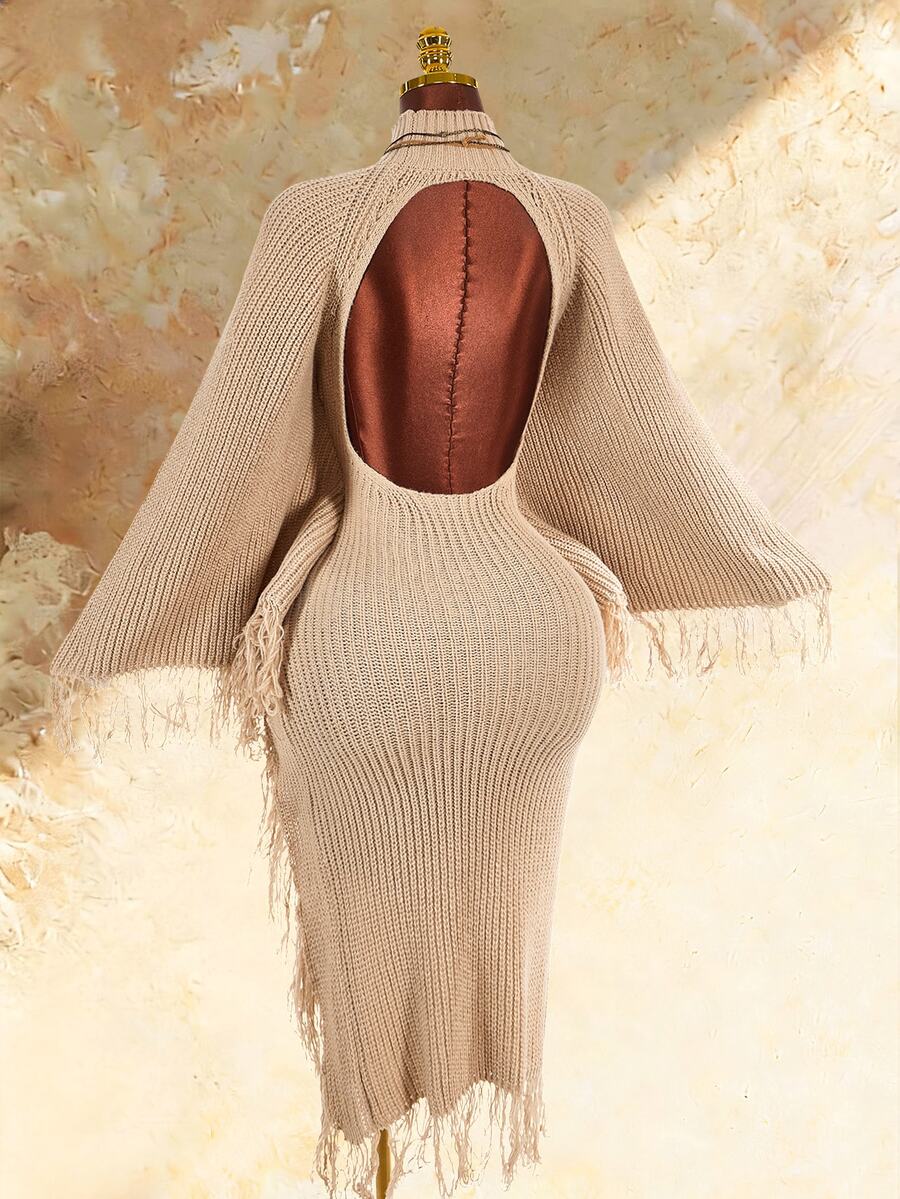 Amplova Women's Vintage Elegant Fashion Fringe Hem Split Sweater Dress Dinner Cocktail Party Tan Autumn - Apricot - View 1