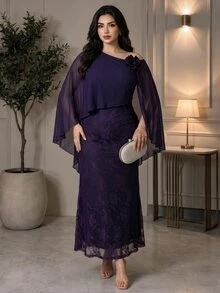 Modelyn فستان أنيق للنساء بمقاسات كبيرة مزين بزهور ثلاثية الأبعاد وكتف غير متماثل من الدانتيل - ارجواني بنفسجي - مشاهدة 5