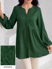Graceveil Women's Elegant Embroidered Textured Button Vacation Shirt - Dark Green - View 3