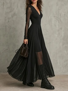 LUMIGAL Women's V-Neck Mesh Patchwork Dress - Black - View 6