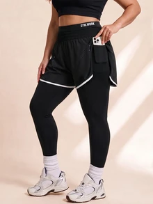 SHEIN Rhythm Era 女款大尺碼休閒運動口袋內搭褲 - 黑色 - 查看 1