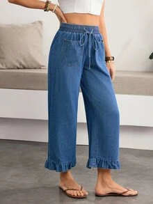 SHEIN CURVE+ 大尺碼女款休閒寬鬆寬腿牛仔褲，附腰部綁帶 - 藍色 - 查看 3