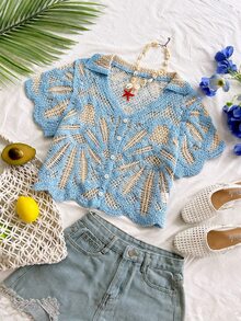 Soleia 女款度假海灘風藍色對比滾邊刺繡針織上衣 - 彩色 - 查看 3