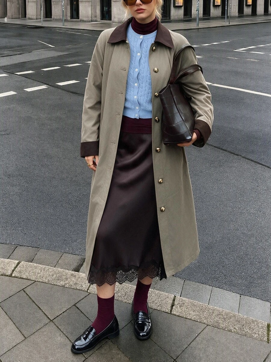 Struktiv Jaket Trench Coat Panjang Abu-Hijau untuk Wanita, Pakaian Kasual Sehari-hari, Musim Gugur/Dingin - Hijau - View 1