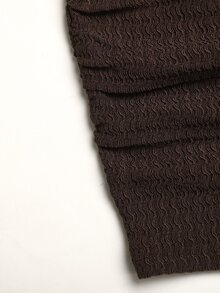 SHEIN 青少年女孩秋冬春季休閒時尚棕色針織紋理方領抽褶腰長袖T恤與長褲2件套，百搭日常穿著 - 棕色 - 查看 5