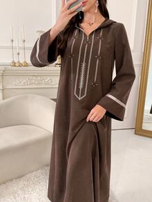 Al Najma Women's Striped Long Sleeve Casual Hooded Arabian Dress - Chocolate Brown - View 2