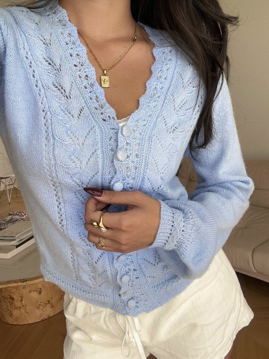 Autumina Women's Autumn Casual Hollow Knit Cardigan - Blue - View 1