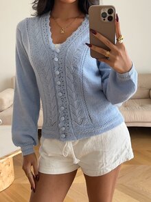 Autumina Women's Autumn Casual Hollow Knit Cardigan - Blue - View 4