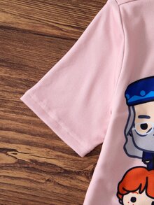 HARRY POTTER X SHEIN طقم بيجامة للفتيات المراهقات بقمة ذات رقبة دائرية وأكمام قصيرة وسروال ضيق - الأحمر - مشاهدة 5