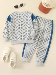 SHEIN 小男孩全印花字母圖案圓領運動衫與運動長褲 2 件套秋季套裝 - 彩色 - 查看 2