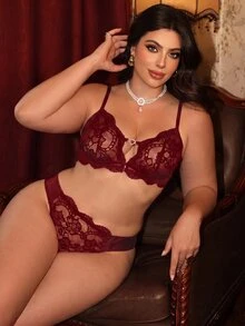 Divavoom 2件裝蕾絲前扣式無鋼圈大尺碼女性內衣 - 酒紅色 - 查看 3