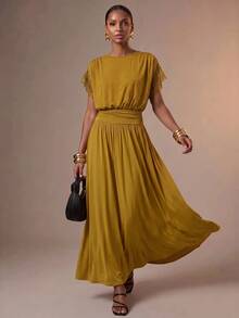 Zivah Women's Solid Color Round Neck Batwing Short Sleeve Elegant Long Dress - Mustard Yellow - View 10