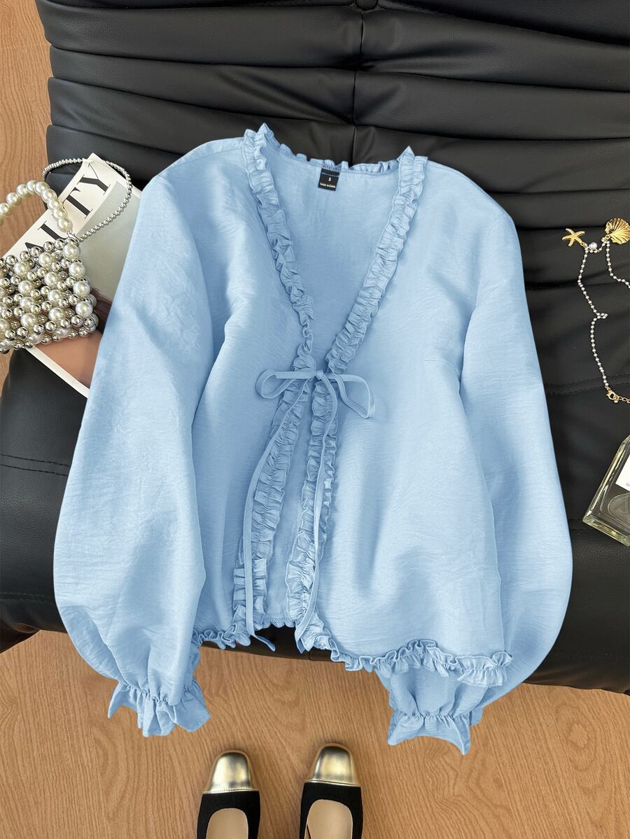 Muvela Women's Sweet Fashion Ruffle Trim Tie Front Blouse - Baby Blue - View 1