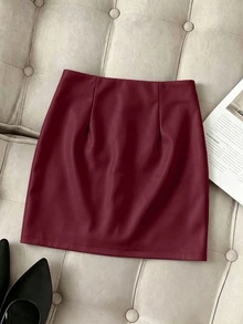 SHEIN Franclia 時尚新款亮面不對稱高腰修身百褶貼身裙，女款，春夏秋冬，Y2K，休閒，海灘，商務，百搭，性感，黑色裙子，返校，度假，外出 - 酒紅色 - 查看 2