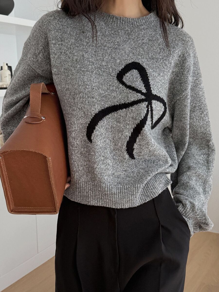 DAZY Women's Bow Pattern Casual Daily Wear Long Sleeve Sweater - Dark Grey - View 1