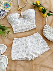 Soleia New Vacation Halter Neck Lace Trim Top + Low Waist Shorts 2pcs Set - Multicolor - View 6