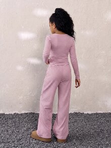 青少年女孩秋冬款 棕色條紋圓領長袖T恤與寬鬆直筒長褲 兩件套服裝 - 粉色 - 查看 2