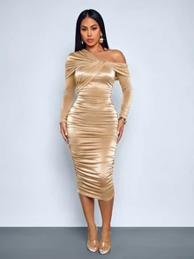 SOLERSUN Women's Asymmetric Off Shoulder Draped Ruched Midi Bodycon Dress Daily Elegant Party Evening - Khaki - View 3