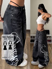 SHEIN PETITE Celana Jeans Denim Kasual Wanita dengan Motif Huruf dan Kantong, Potongan Lebar - Hitam - View 8