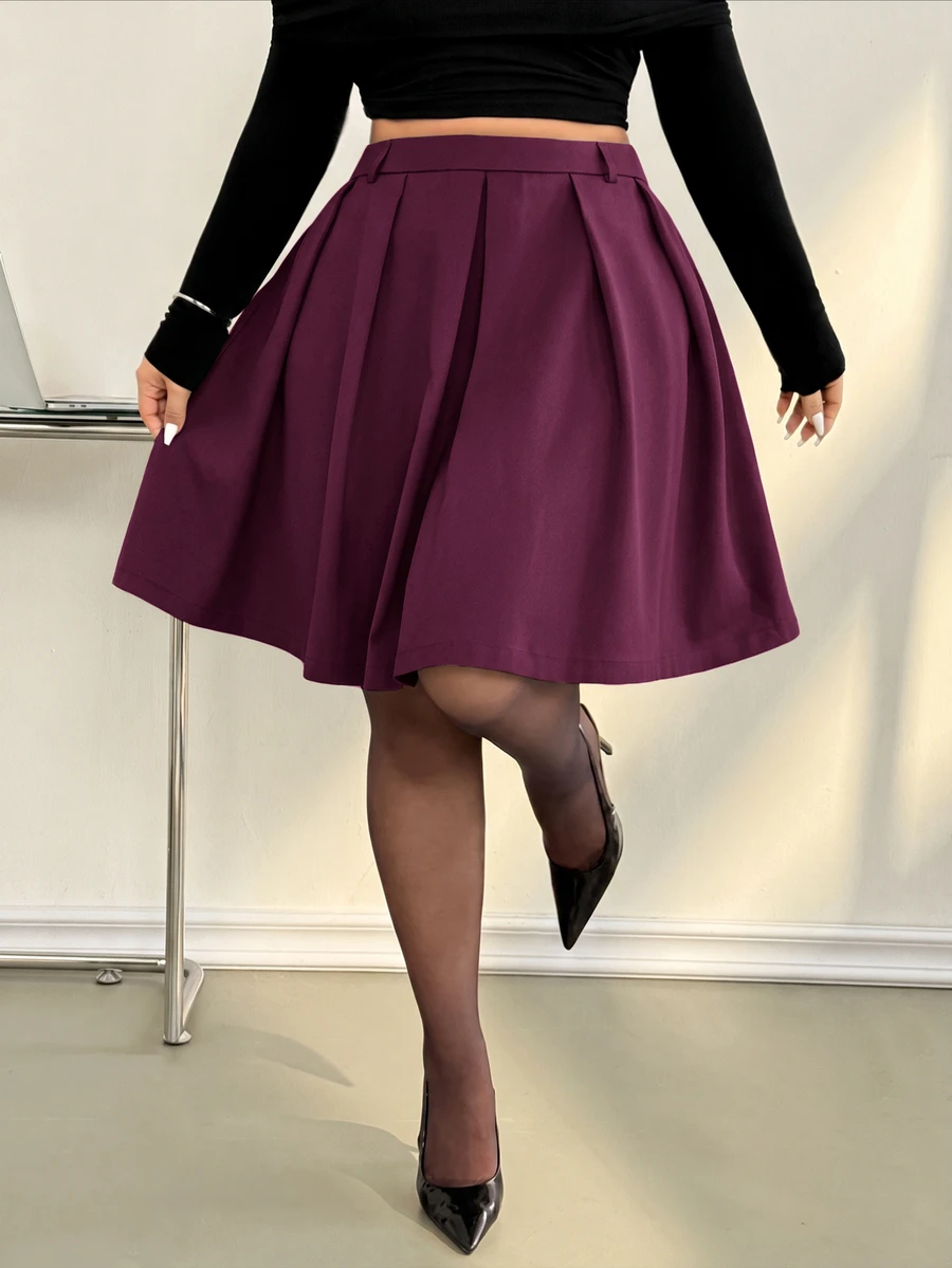 Auralis 春秋新款灰色系女款辦公通勤百褶中長裙,大尺碼,優雅復古學院風美式風格 - 酒紅色 - 查看 1