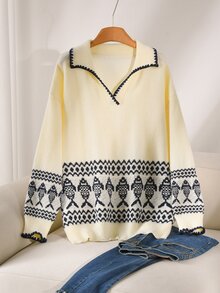 CosyJoli Plus Size Elegant French Casual Blue Minimalist Versatile Houndstooth Contrast Color Fish Knit Sweater Top For Women - Beige - View 4